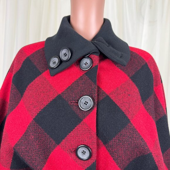 NWOT FUDA Plaid Wool Cape Poncho Shawl Coat Red Black Buffalo Size Large Y2K - Picture 5 of 12